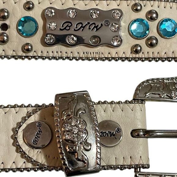 BHW Vintage Women’s White Leather Blue/Silver Rhinestone Studded Western/Cowgirl - Picture 2 of 12